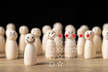 Select happy face wooden figure with 5 star. Customer service rating experience and feedback emotion and satisfaction survey. Human Resources management choosing