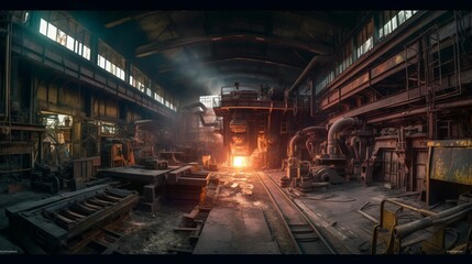 Obraz premium Forgotten Foundations: Tracing the Legacy of an Industrial City's Abandoned Metal Factories and Old Railway Stations, generative AI