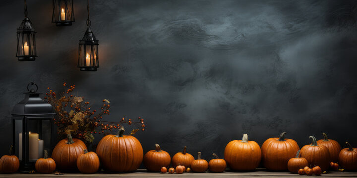 Pumpkins for Halloween on table with decorations and lamps near grey wall.