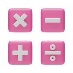 Plus, minus, multiplication and division 3d pink buttons set. Mathematical education symbols for web, app, infographic. Math operations realistic vector illustration isolated