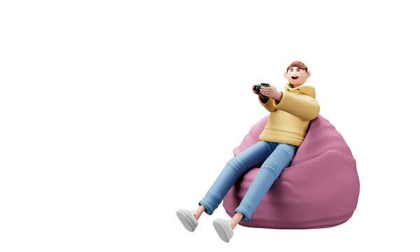 Full body young man sit in bag chair hold in hand play pc game with joystick console isolated.3d illustration.