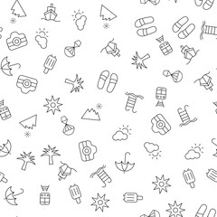 Camera, Balloon, Sky, Mountains, Palm, Luggage Seamless Pattern for printing, wrapping, design, sites, shops, apps