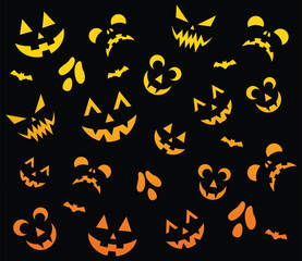 Jack o lantern faces Halloween background. Backlit pumpkin faces with drop shadow on a dark background.