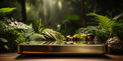 Golden podium in tropical forest for product presentation. - obrazy, fototapety, plakaty