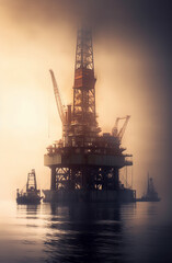 Obraz premium Embrace the industrial beauty of an oil rig with a crane at sunset, in the style of radiant sunrays casting a breathtaking silhouette Created with generative AI tools.