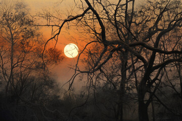 Sunset Silhouette: Tree with Leaves Against Setting Sun  Created with generative AI tools.