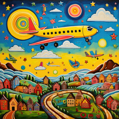 Obraz na płótnie Canvas Colorful illustration of yellow airplane flying over the city