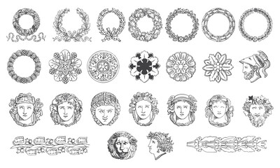 Roman empire icon bundle. floral decoration icons. roman empires statues - obrazy, fototapety, plakaty