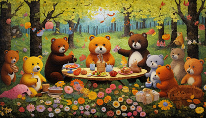 Teddy bears picnic in the woods, cartoon illustration - obrazy, fototapety, plakaty