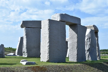 Sapporo Japan October 1 2023 The beautiful white clean stonehenge-like abstract landscape sculpture at the Takino Reien Makomanai temple shrine 
