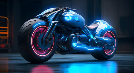 Neon blue motorcycle futuristic and detailed 