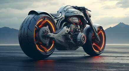 Black motorcycle realistic rendering anamorphic art