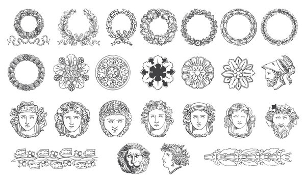 Roman empire icon bundle. floral decoration icons. roman empires statues