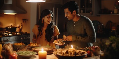 Indian Couple Making Holiday Dinner - obrazy, fototapety, plakaty