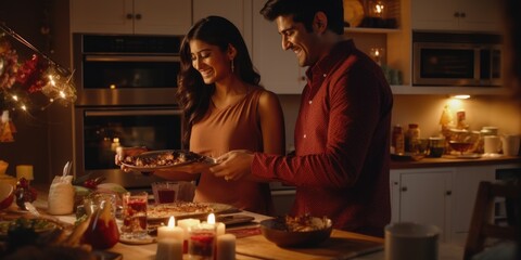 Indian couple cooking holiday dinner - obrazy, fototapety, plakaty