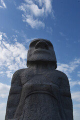 Sapporo Japan October 1 2023 The gorgeous huge stone Moai statue with the clear blue sky at the Takino Reien Makomanai