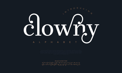 Clowny premium luxury elegant alphabet letters and numbers. Elegant wedding typography classic serif font decorative vintage retro. Creative vector illustration