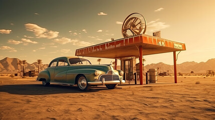 A vintage car at the petrol station in The desert, far from the city