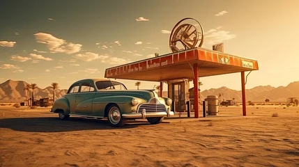 Fototapeten A vintage car at the petrol station in The desert, far from the city © Sasint