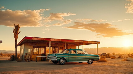 A vintage car at the petrol station in The desert, far from the city - obrazy, fototapety, plakaty