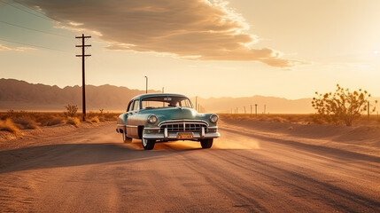 A vintage car at Country road in The desert, far from the city - obrazy, fototapety, plakaty