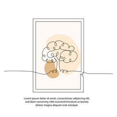 One line tree poster drawing with a beautiful frame. Abstract minimal continuous line wall decor.