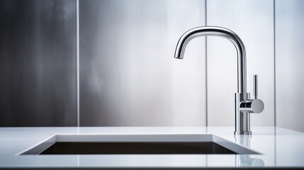 Close up of minimalist kitchen faucet. Modern kitchen interior design concept. - obrazy, fototapety, plakaty