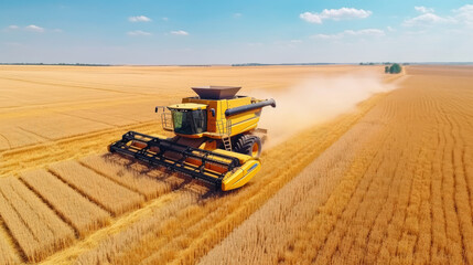 Aerial drone top view Big powerful industrial combine harvester machine reaping golden ripe wheat cereal field on bright summer or autumn day. Agricultural yellow field machinery landscape background.
