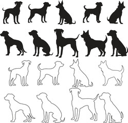 Dogs Silhouette set. No open shapes or paths. Dog breeds, veterinary, dog standing, pet sitting logo inspiration. Dog show, competition, pet store, guide dog isolated on transparent background.