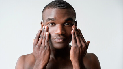 Man care. Facial treatment. Wrinkles skincare. Confident shirtless guy applying rejuvenation face...