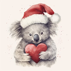 Obraz premium Christmas Koala poster - Koala in Santa's hat hugging a plush heart