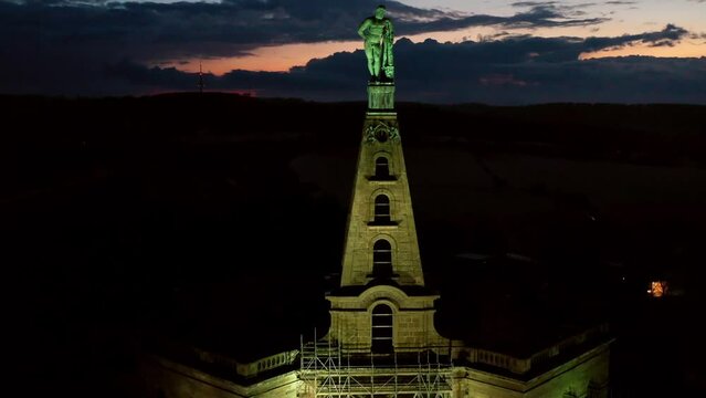 Drone photo, drone shot, drone flight, monumental building Herkules at night, illuminated, statue in close-up, evening sky, Bergpark Bad Wilhelmshoehe, Kassel, Hesse, Germany, Europe