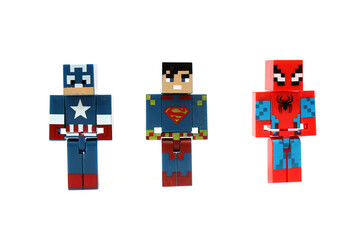 Fototapeta premium Minecraft Characters: Captain America, Superman and Spider-Man. Assemble toy.