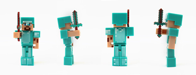 Obraz premium Minecraft character. Photographer riding toy in four angles: front, back, right side and left side.