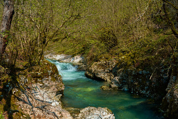 Fototapeta na wymiar The natural pool of the mountain river with emerald clear water