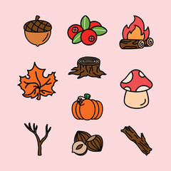 Set of Outdoor Autumn Cute Flat Line Illustration