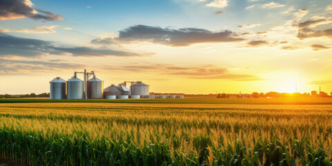 Cornfield with silos and farm in the distance - obrazy, fototapety, plakaty