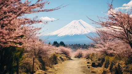 Obraz premium blooming cherry blossom and mount Fuji at background. 