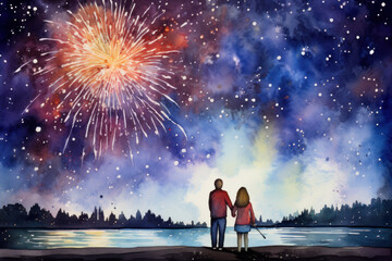 Fototapeta na wymiar Romantic couple enjoying fireworks on New Year's Eve, watercolor