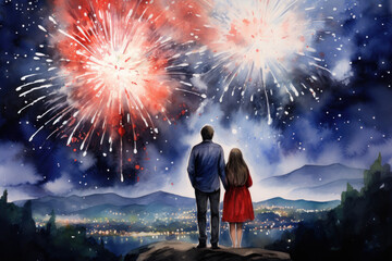Fototapeta na wymiar Romantic couple enjoying fireworks on New Year's Eve, watercolor