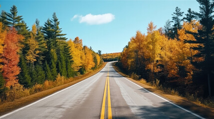 Fototapeta premium COUNTRY ROAD IN FALL AUTUMN Dramatic, moody scene of rural highway running through beautiful forest landscape. Orange and green foliage colors. Adventure through Canadian territory