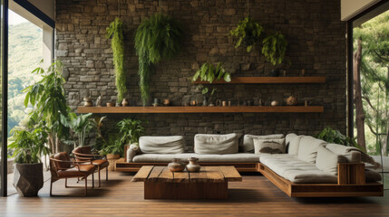 modern living room with a large couch and a wooden table in front of it - obrazy, fototapety, plakaty