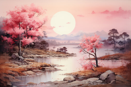 Romantic sunset on the beach scene, watercolor background