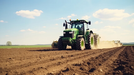 Fototapeta premium Farmer in tractor preparing land with seedbed cultivator as part of pre seeding activities in early spring season of agricultural works at farmlands Cultivated field Agronomy farming husbandry concept