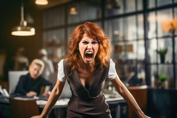 a woman yelling angry, office background