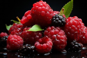 Fresh raspberries and blackberries with water splash