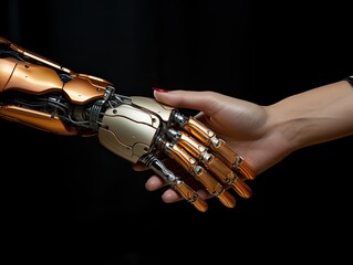 AI-generated close-up illustration of a handshake between a woman and a robot. MidJourney.
