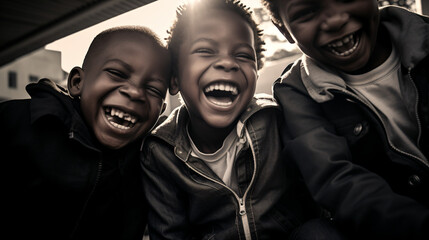 車の中で男の子3人が笑っている逆光の写真のアップ - obrazy, fototapety, plakaty
