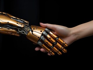 AI-generated close-up illustration of a handshake between a woman and a robot. MidJourney.