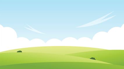 landscape cartoon scene with green hills and white cloud in summer blue sky background